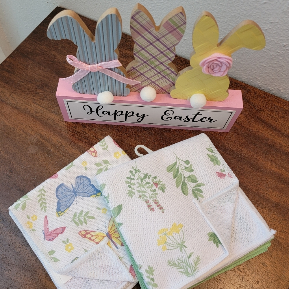 Easter Decoration & Kitchen Dishcloth Set Spring Bunny Butterfly Herbs Pastels
